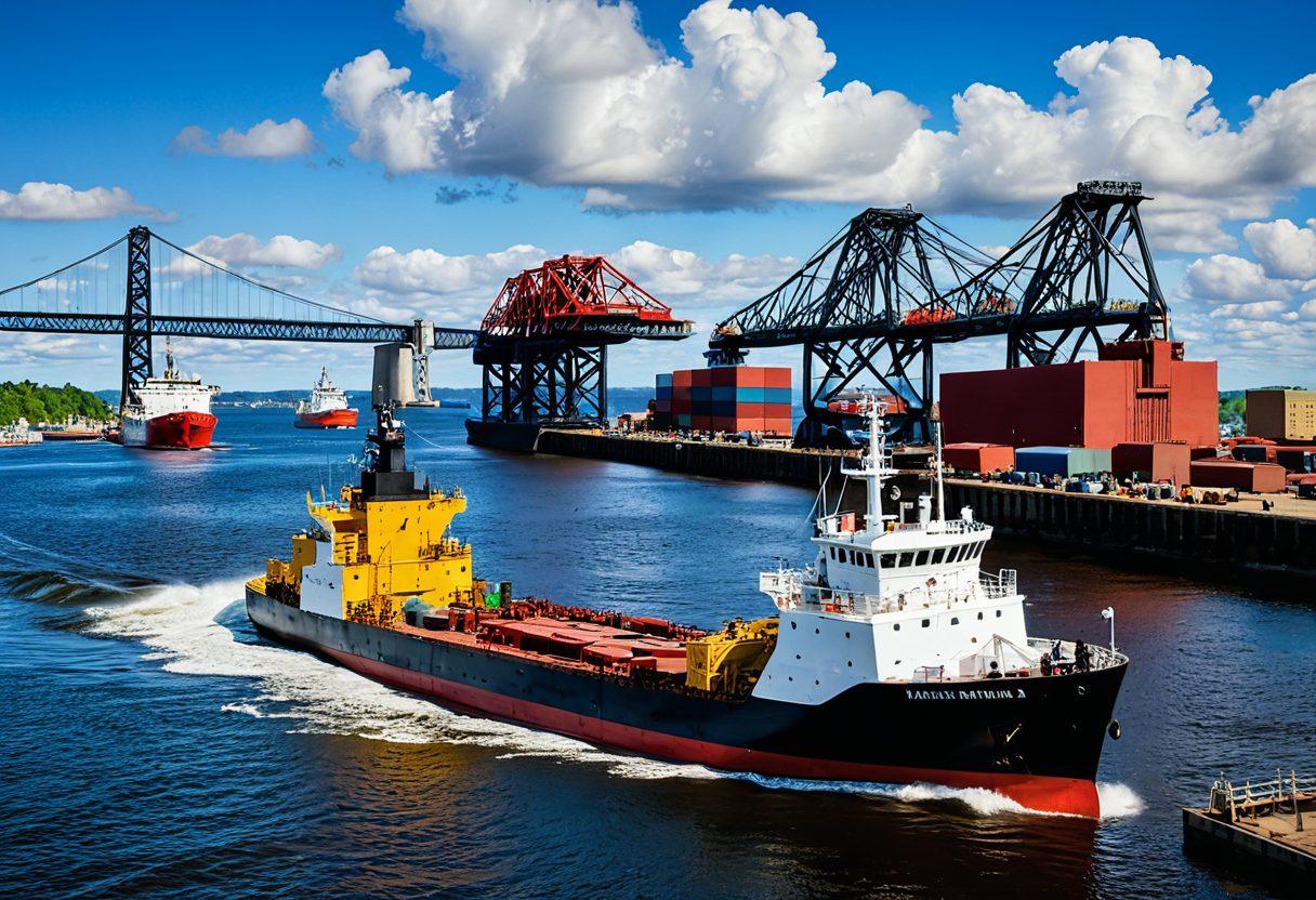 A bustling Duluth harbor scene featuring large cargo ships and colorful tugboats navigating the waves. Include a backdrop of the city skyline with the iconic Aerial Lift Bridge, while diverse maritime workers are seen engaged in loading and unloading activities. The sky should be bright blue with fluffy white clouds, symbolizing a sense of dynamic movement and progress. super-realistic. vibrant colors. 3D.
