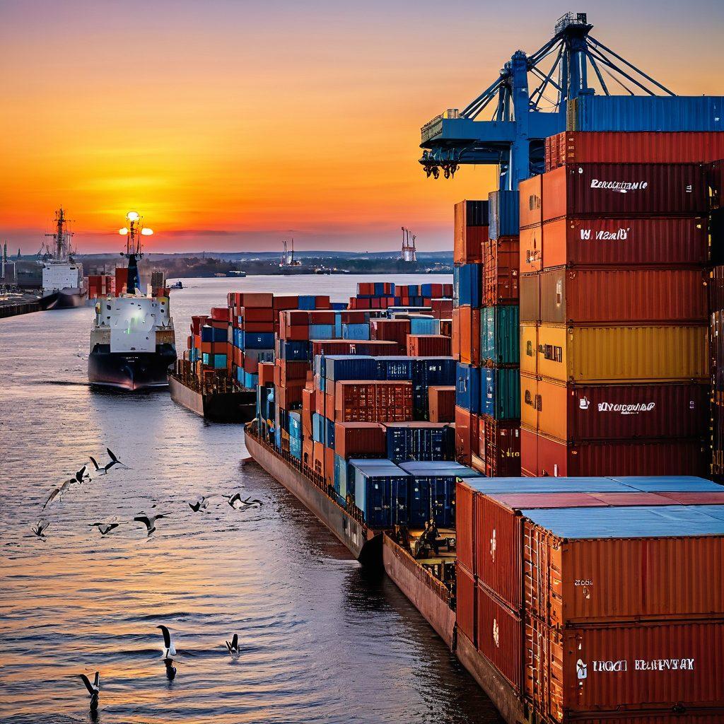 A bustling Duluth port scene showcasing cargo ships being loaded and unloaded, with striking North Shore landscapes in the background. Include maritime workers in safety gear, colorful shipping containers stacked high, and a beautiful sunset casting a golden glow over the water. Emphasize a sense of movement and activity, with seagulls soaring overhead. vibrant colors. super-realistic.