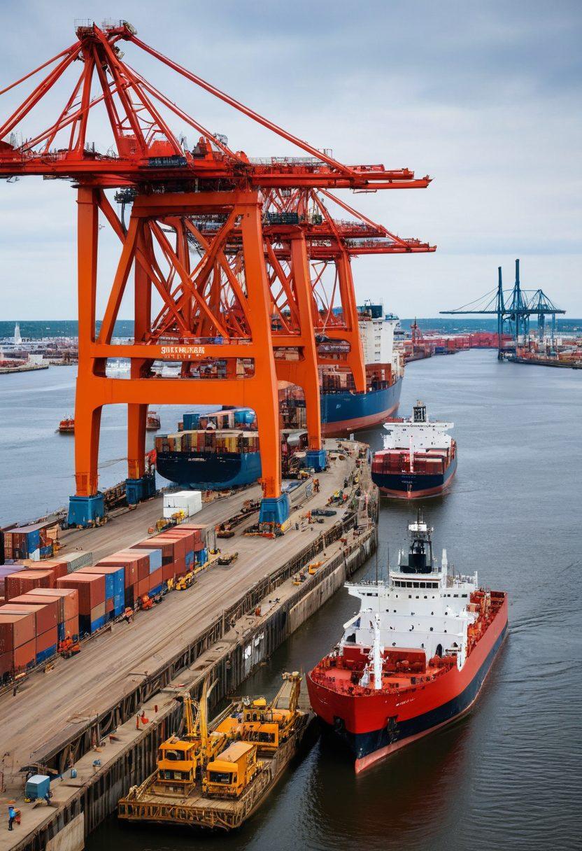 A scenic view of Duluth's bustling shipping port, showcasing large cargo ships being loaded and unloaded, with the iconic Aerial Lift Bridge in the background. Include a diverse mix of workers in hard hats and safety vests operating cranes and containers, alongside modern shipping technology. Capture the vibrant colors of the water, the skyline, and the industrial atmosphere to highlight the dynamic shipping industry. super-realistic. vibrant colors. white background.